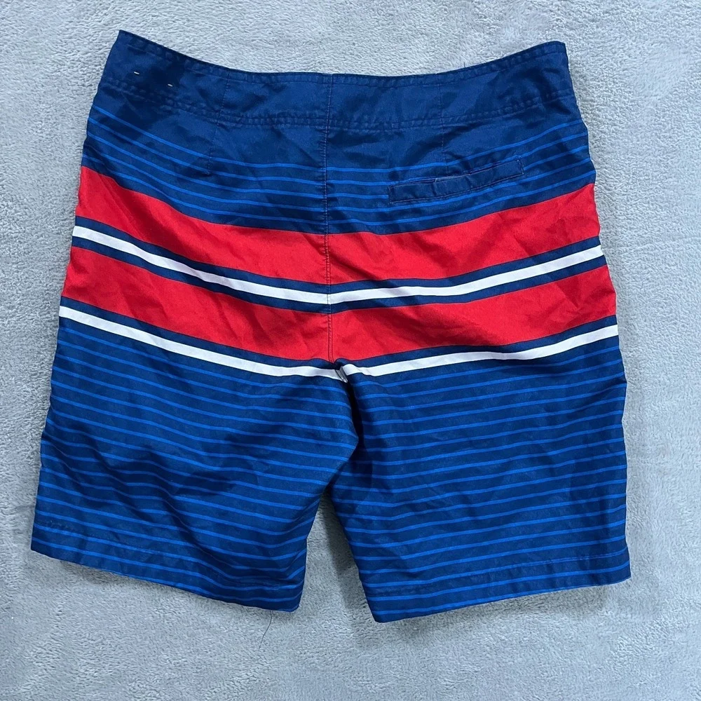 Hollister Swim Trunks Board Shorts Men 34 Blue Red Striped Water Polo Drawstring